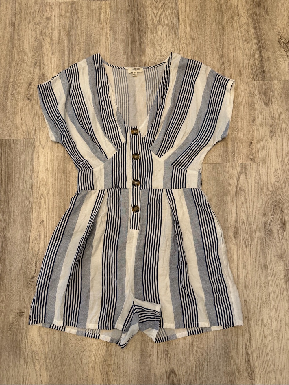 Umgee Striped Button Front Romper Blue White Size M